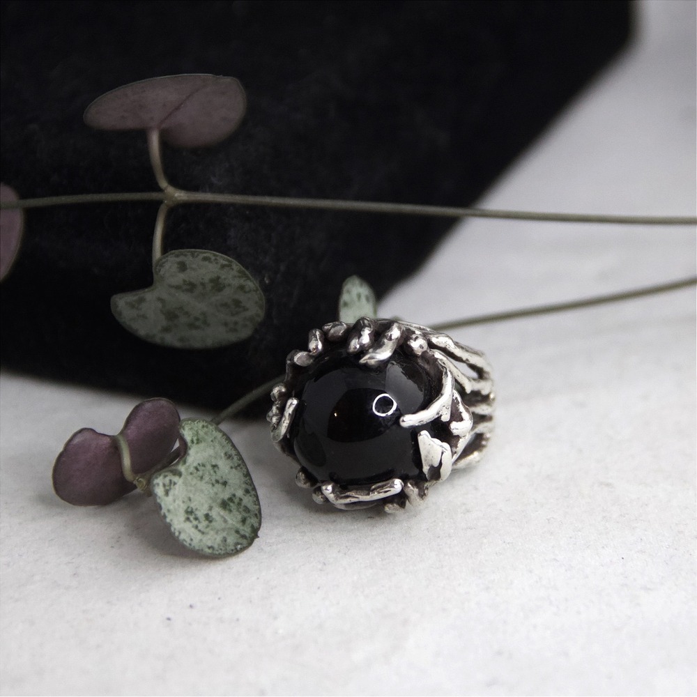 HANDMADE Sterling Silver Black Onyx Statement Ring Size 6 Gothic Branch Band